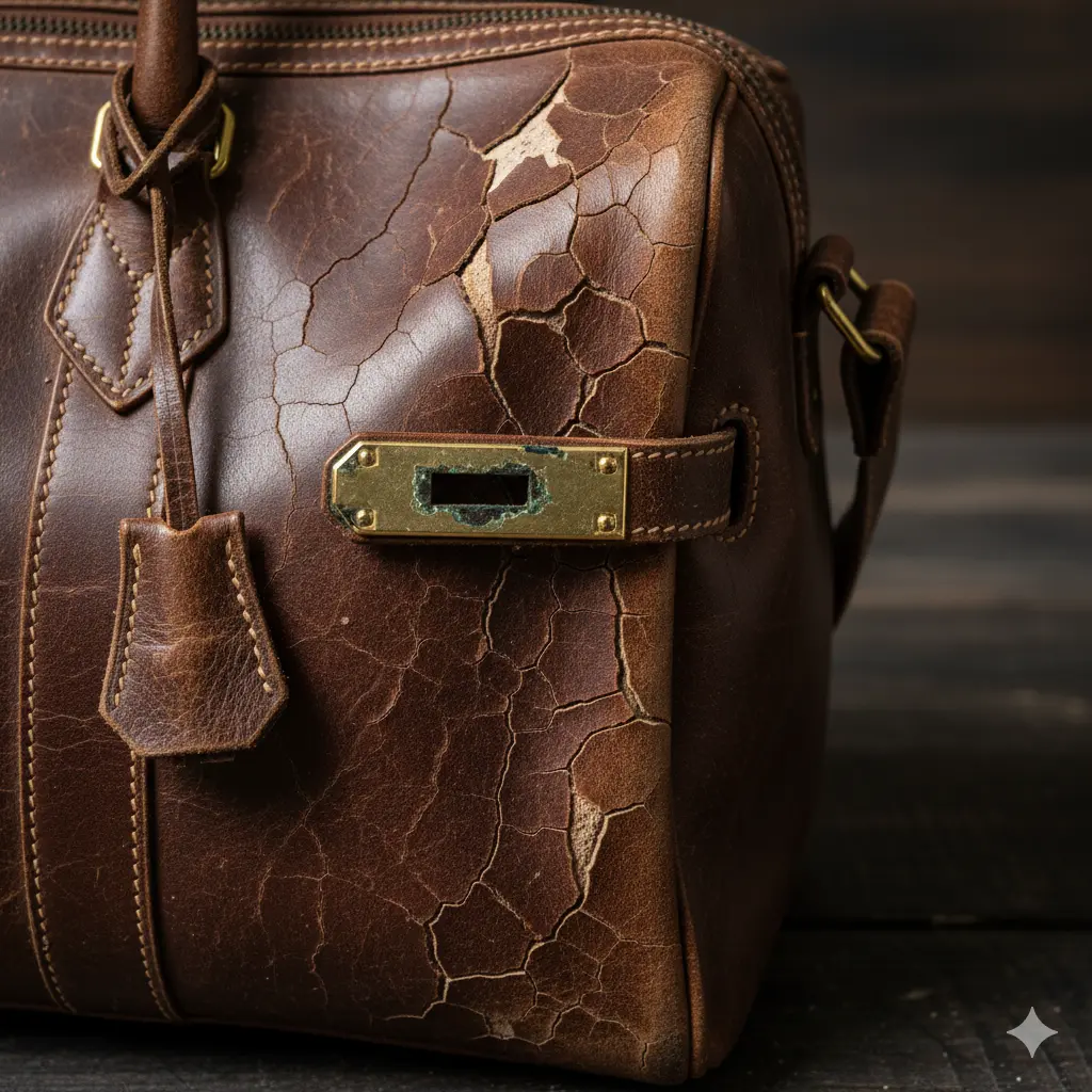 Close-up of cracked leather and tarnished hardware due to poor maintenance