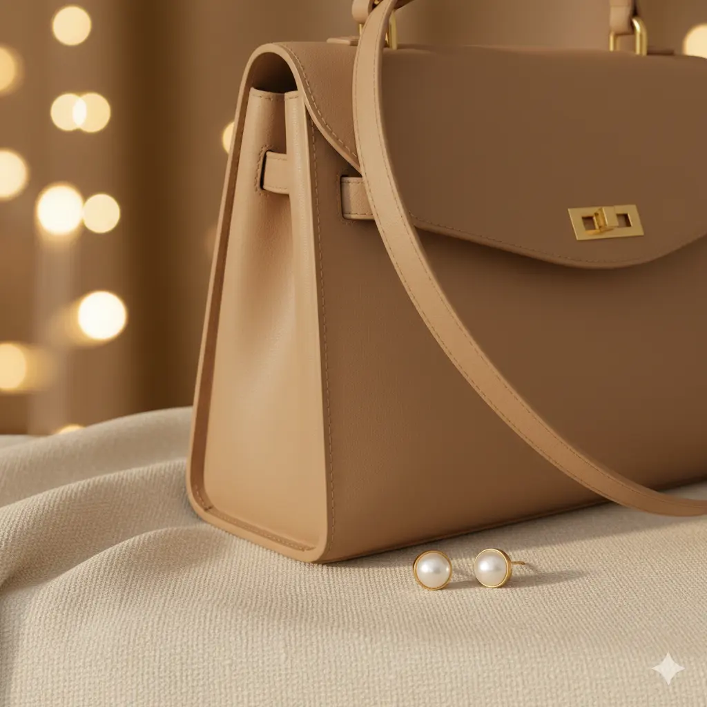 Close-up of neutral leather bag and pearl earrings resting on linen fabric