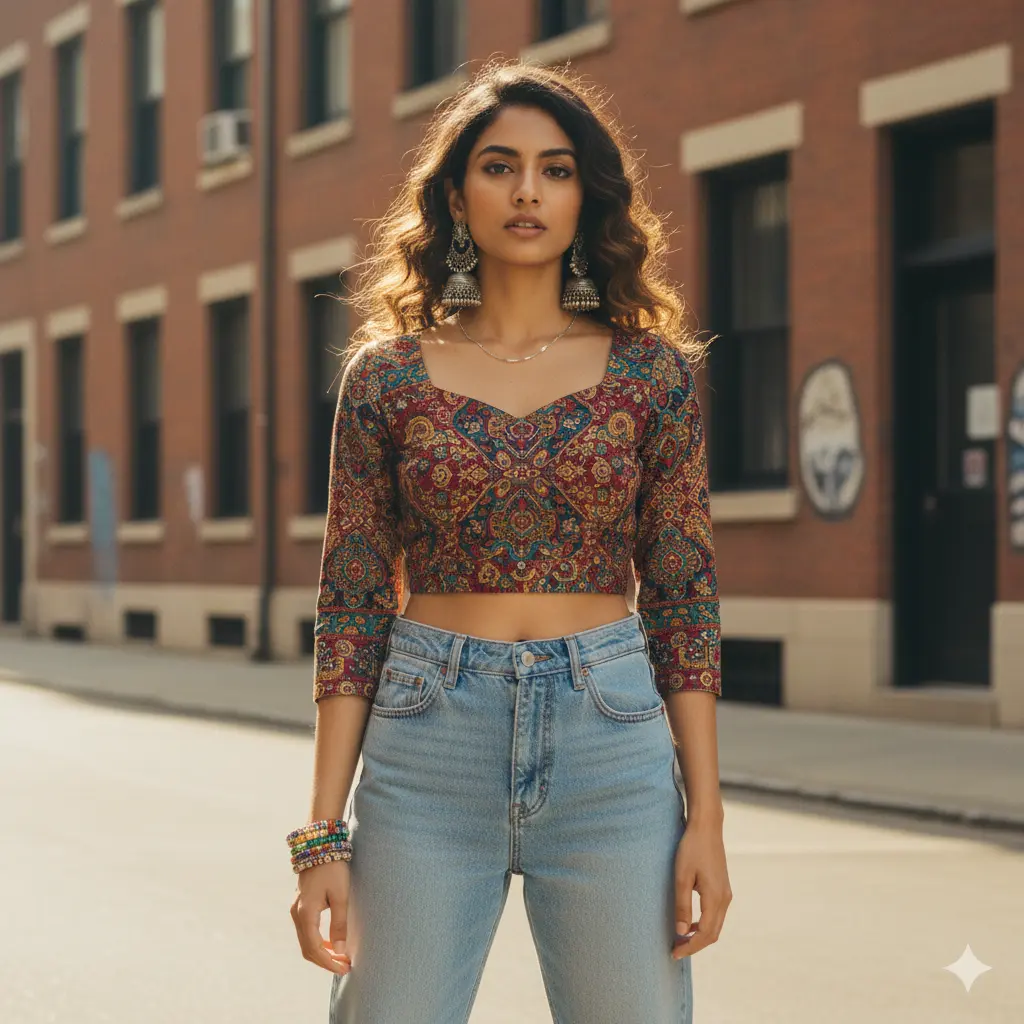 Printed ethnic crop top styled with mom jeans and statement earrings