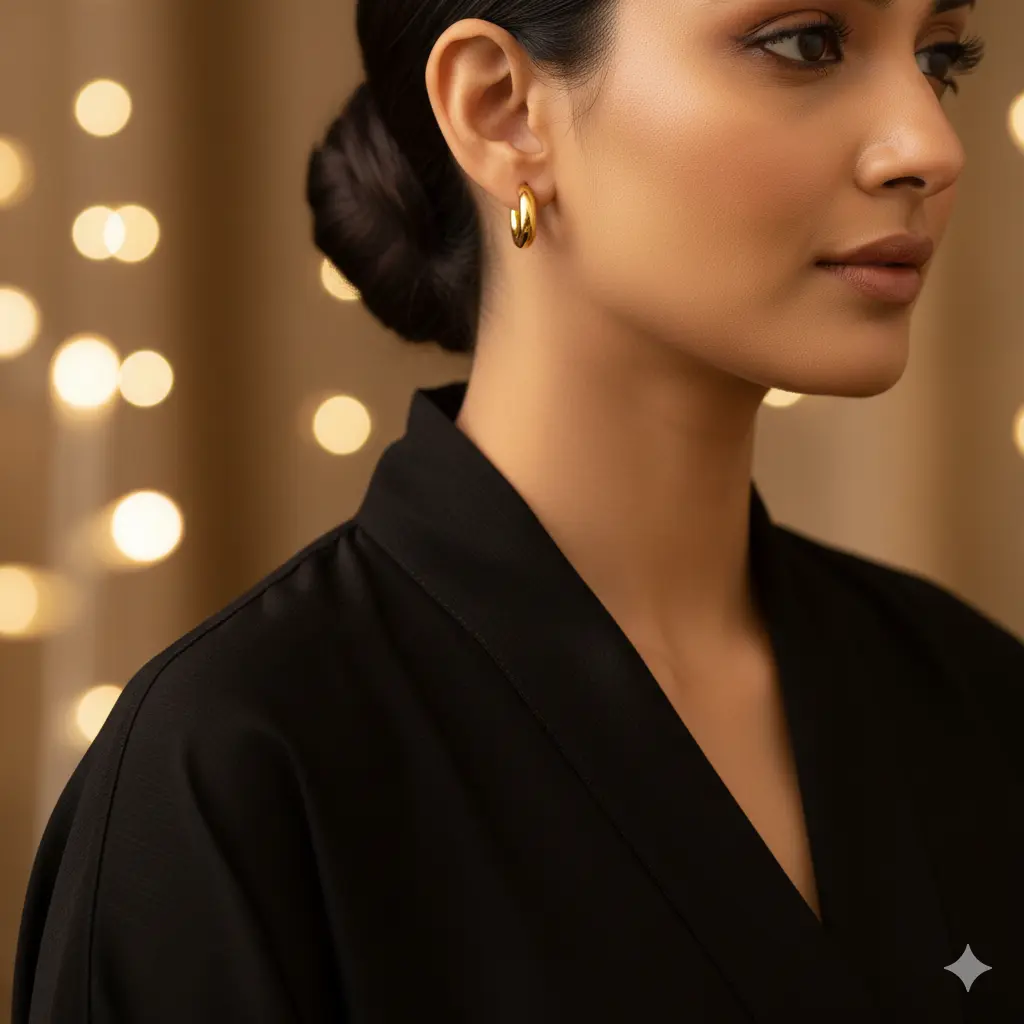 Close-up of gold huggie earrings paired with an abaya