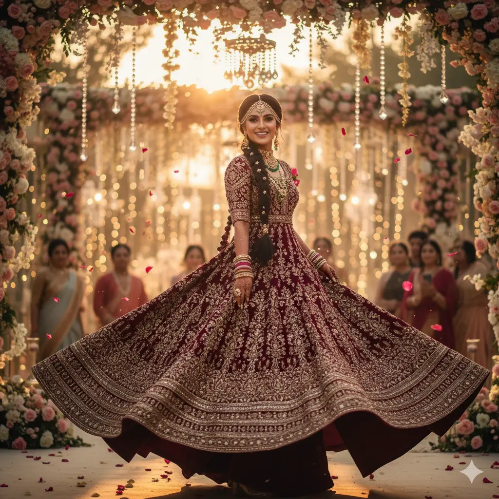 Bride posing mid-twirl in heavily embroidered Anarkali suit on wedding day