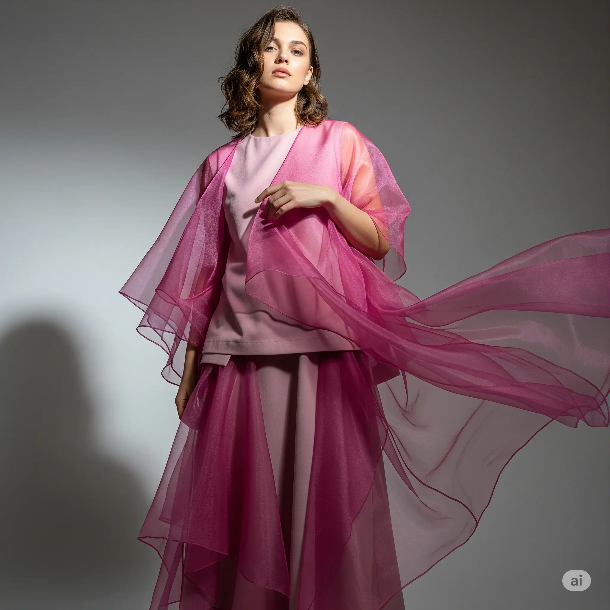 A model in a layered outfit, featuring a dusty pink base and an orchid pink organza overlay