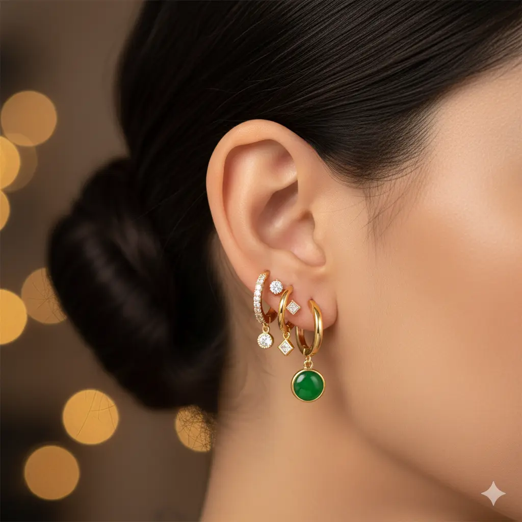 Close-up of triple-stacked huggie earrings with stones and charms