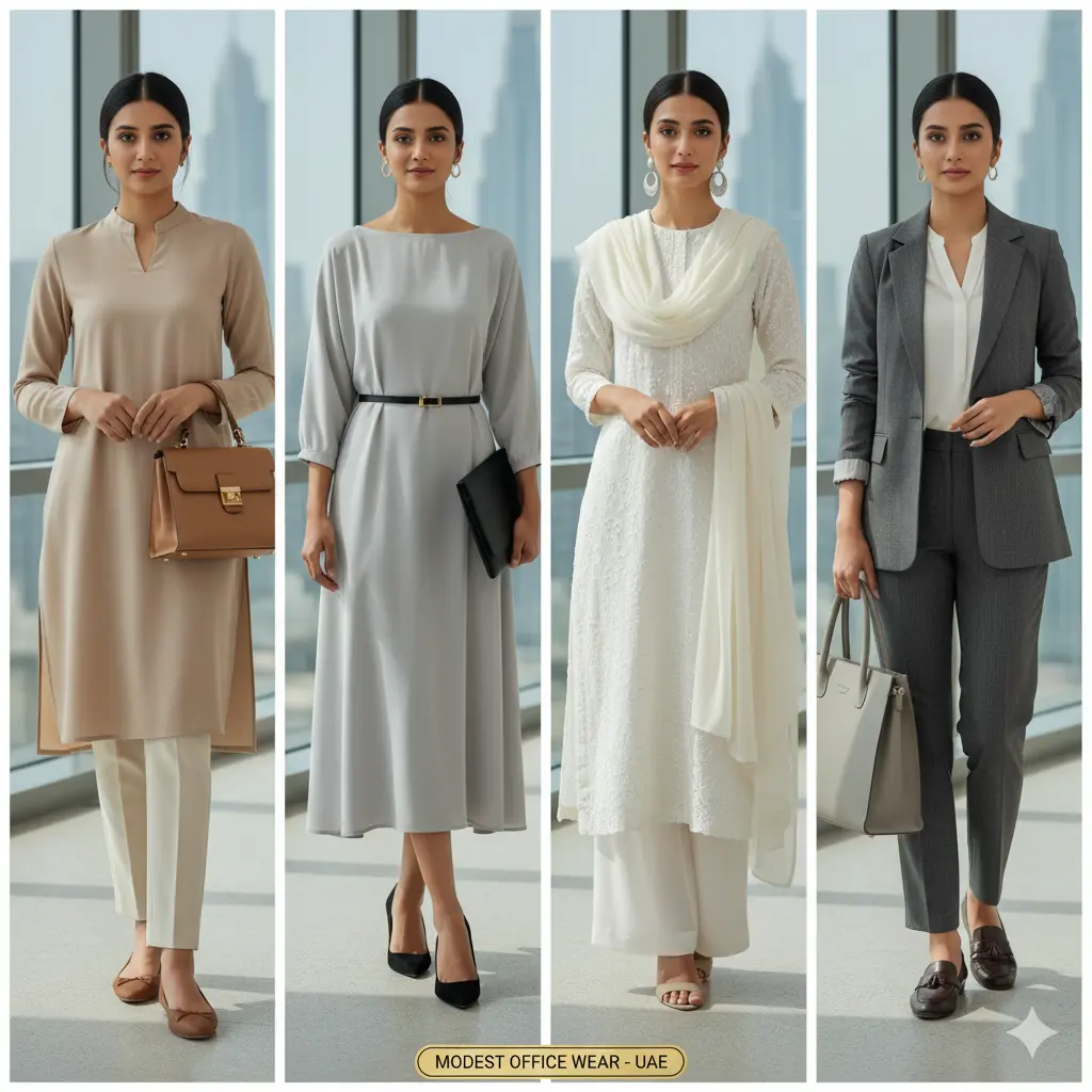 Examples of modest work outfits in neutral tones suitable for UAE offices