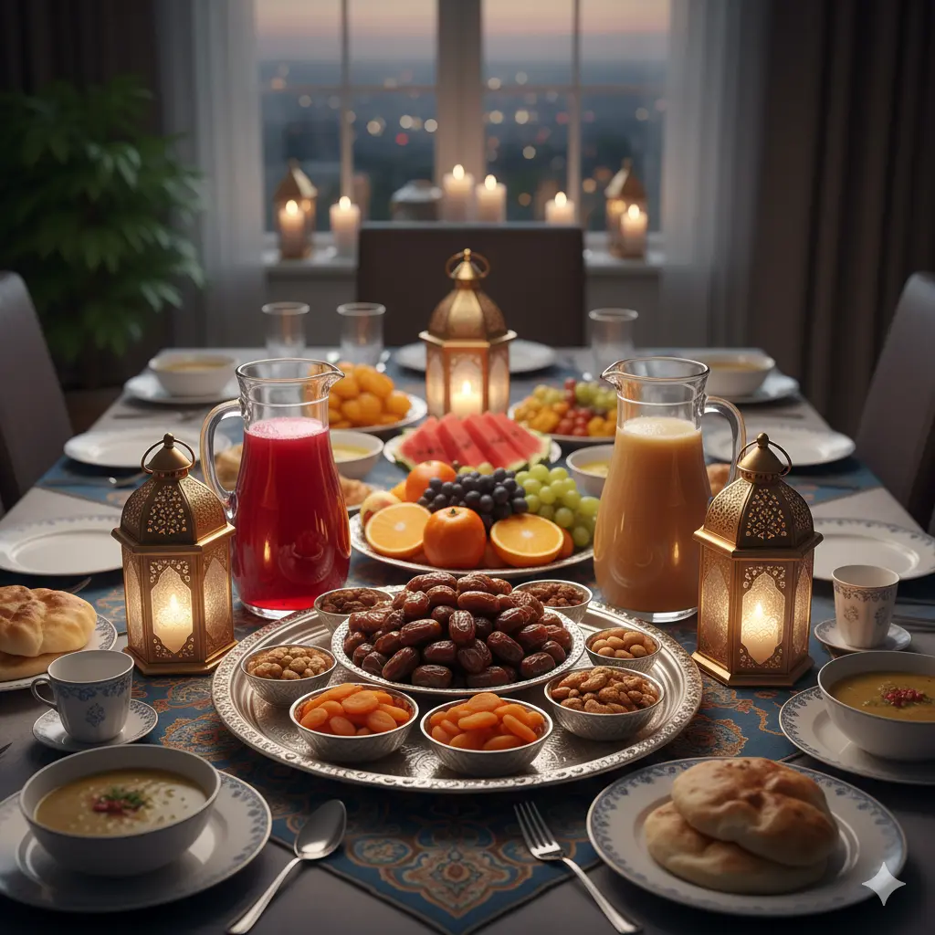 Image of traditional Iftar table with dates, fruits, and Ramadan drinks