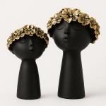 Black Girl Flower Head Sculpture, Modern Matte Decor Bust with Golden Floral Crown | Minimalist Tabletop Statue for Home, Office, Shelf