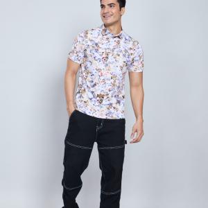 Digital Printed Premium Stretchable Polo Neck Half Sleeve T-Shirt - Beige