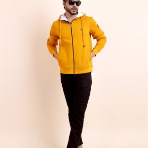 BERRYBLUES Premium Men's Fleece Full Sleeve Hoody Sweat Shirt - Mustard