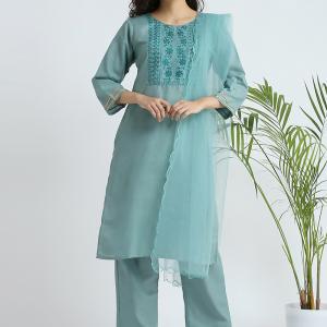 Slub Cotton Embroidery Salwar Suit With Dupatta