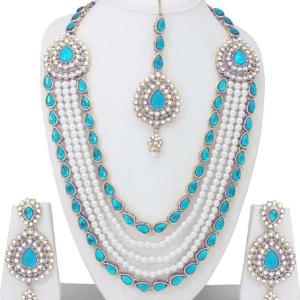 Fashion Women Combo of Pearl Gold-Plated Bridal Set, Maang Tikka With A Pair of Earrings for Mehndi, Haldi, Wedding, Godbharai, Bridal Set