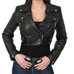 Noora Womens Lambskin Black Leather Cropped Jacket With Zipper & Pocket, Biker Crop Leather Jacket