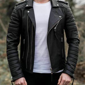 NOORA New Lambskin Men Black Leather Jacket , Slim Fit Motorcycle Jacket, Quilted Designer Leather Biker Jacket