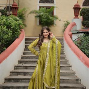 Designer Readymade Top-Sharara-Dupatta  Sequins Embroidered Chinon Suit