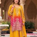 Sangeet Wear Shaded Pink Silk Digital Print Jaipuri Palazzo Kurti Suit