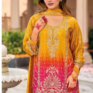 Sangeet Wear Shaded Pink Silk Digital Print Jaipuri Palazzo Kurti Suit
