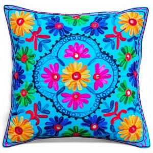 Handmade Embroidered Cushion Cover – Colorful Indian Suzani Floral Design | Boho Throw Pillowcase for Sofa, Majlis & Home Decor